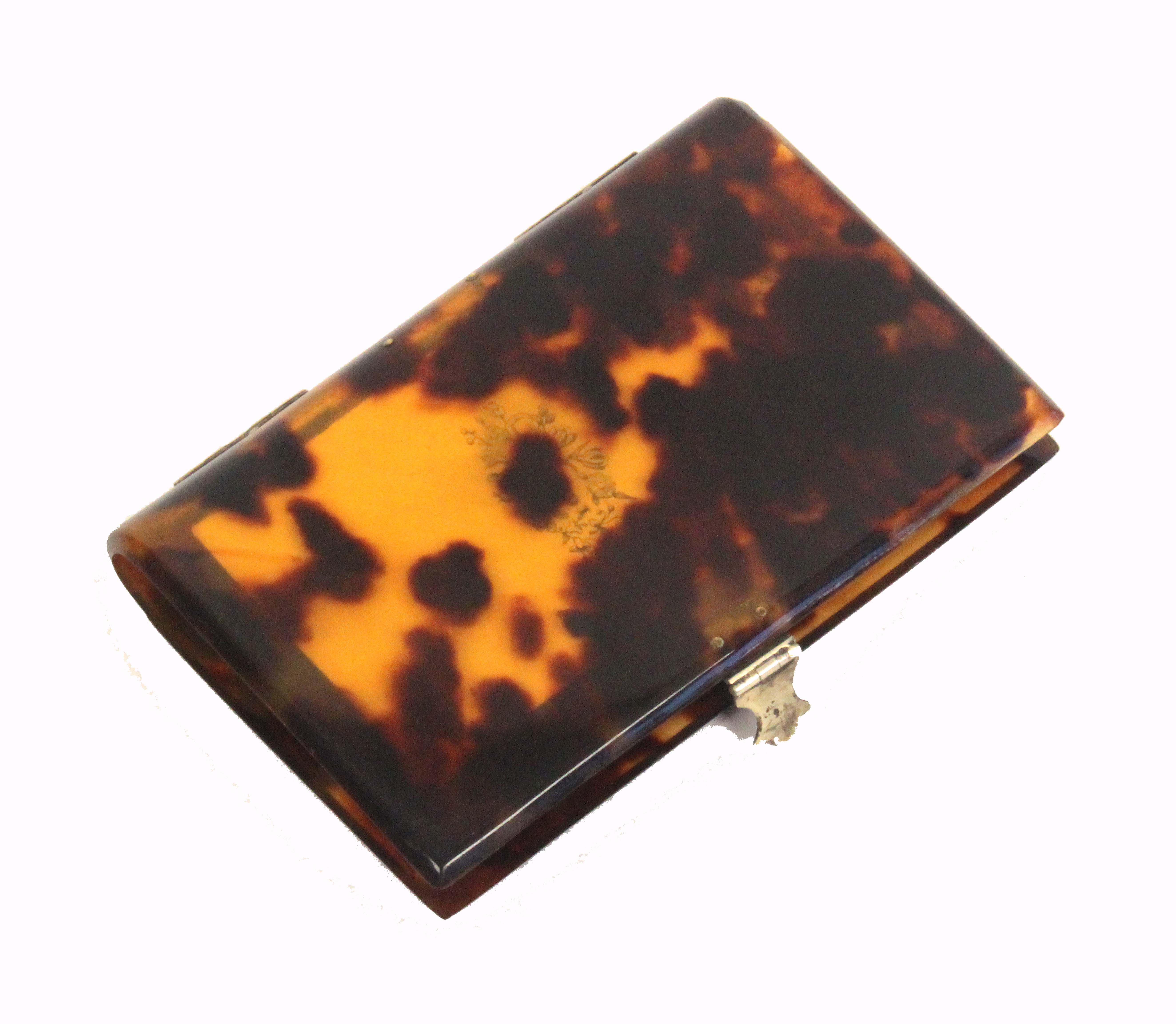 A 19th Century French tortoiseshell notelet case, of rectangular form with curved spine, white metal