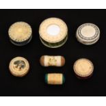 Seven 19th Century bone and ivory pin cushions, comprising a disc form example with mirror inset