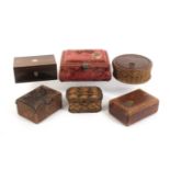 Six various sewing boxes, comprising a rosewood example with pewter line inlay, 20cms, a red plush