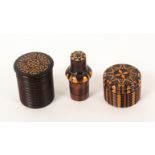 Tunbridge ware – three pieces, comprising a stick ware cylinder box, 3cms dia., another cylinder box