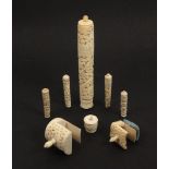 Eight Chinese export carved bone sewing tools, comprising a cylinder netting case, crack to top,