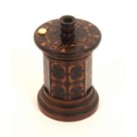 A Tunbridge ware rosewood go to bed, the octagonal body in geometric mosaic the top in stick ware