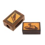 A Tunbridge ware box and a match box holder, the first in rosewood of rectangular form the lid