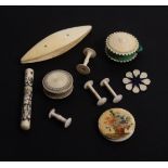 A mixed lot – sewing 19th Century ivory and bone pieces, comprising an ivory disc form pin cushion