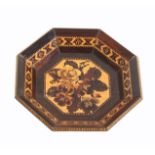 A Tunbridge ware rosewood octagonal card tray, the centre with a panel of mosaic flowers the