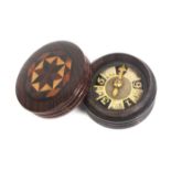 A scarce Tunbridge ware circular whist marker, the verre eglomise dial with brass hand contained