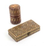 Two split and coloured straw work boxes, comprising a 19th Century oval section box in complex