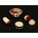 Four good 19th Century ivory pin cushions, comprising an oval reeded bowl form example with brass
