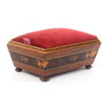 A Tunbridge ware rosewood table pin cushion, of sarcophagol form raised on bun feet, the sides