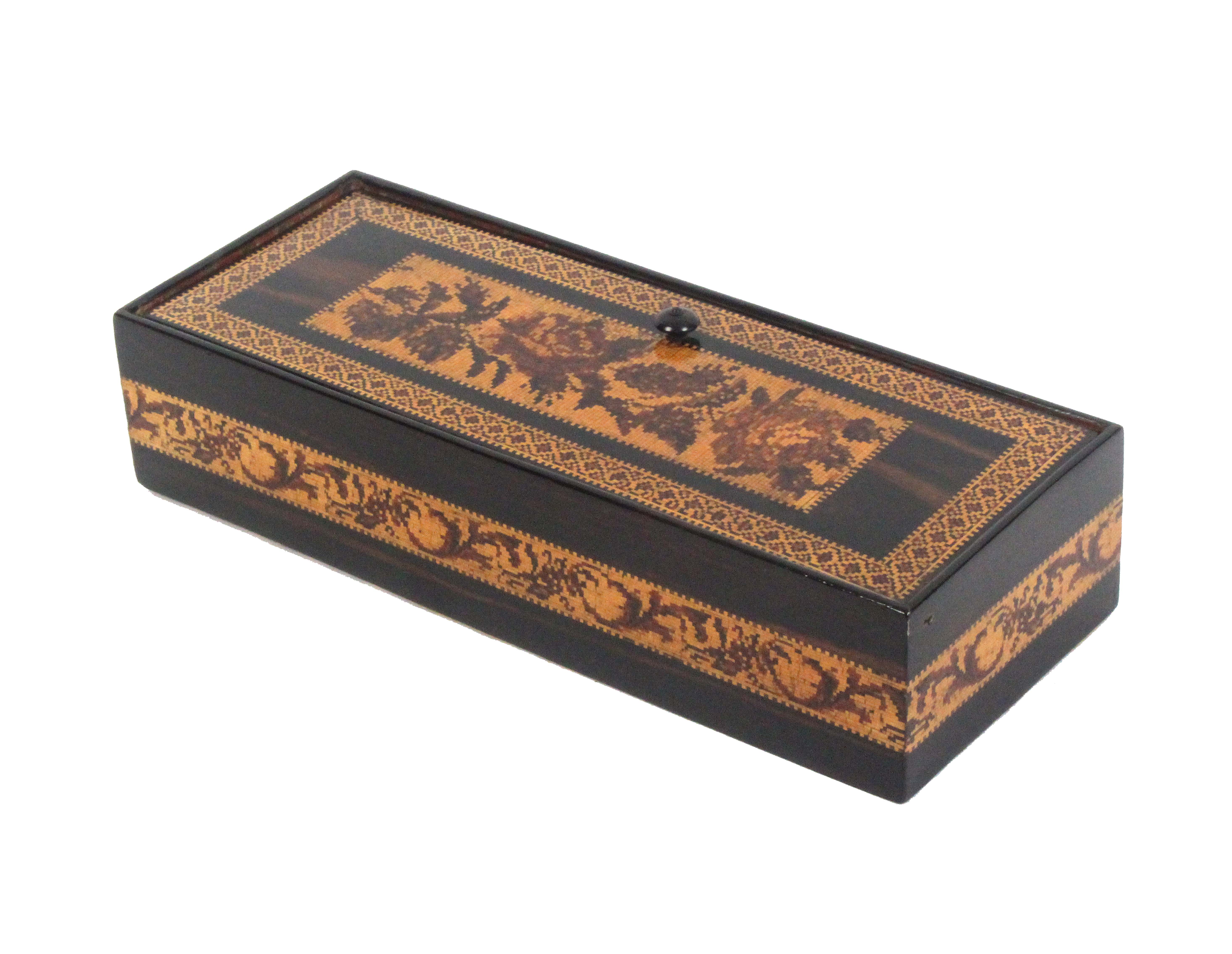 A Tunbridge ware coromandel wood pin hinge box, of rectangular form, the lid with a floral mosaic - Image 2 of 3