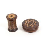 Tunbridge ware – two pieces, comprising a rosewood go to bed, the octagonal body below a circular