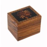 A Tunbridge ware tea caddy, of rectangular form, the lid with a mosaic panel of flowers set in ebony