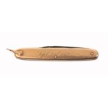 A late 19th century gold pocket knife one side of the scales engraved ‘Sept.21st 1898’ the other