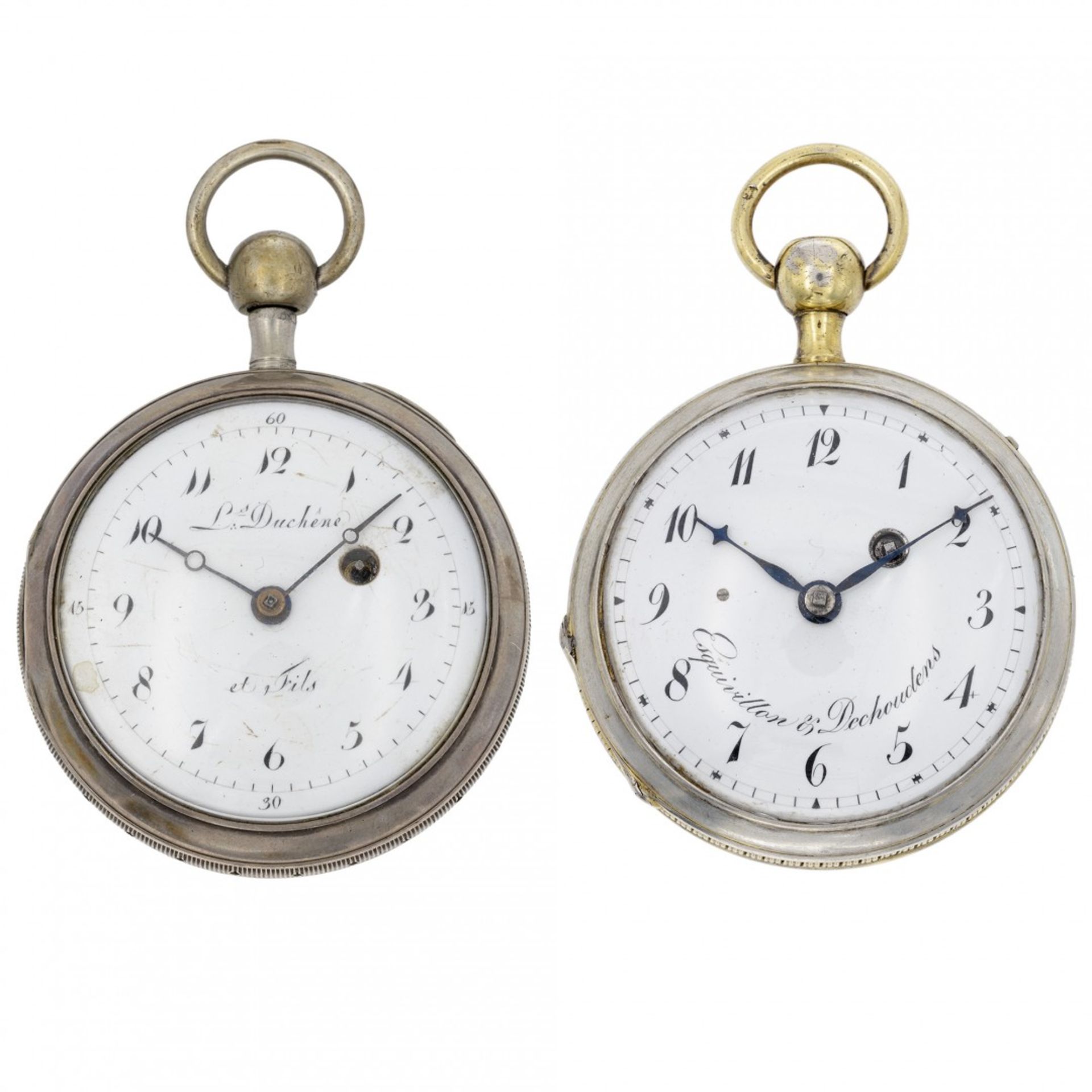 PAIR OF SILVER REPEATER WATCHES SIGNED ESQUIVILLON & DECHOUDENS AND DUCHÉNE, CIRCA 1800