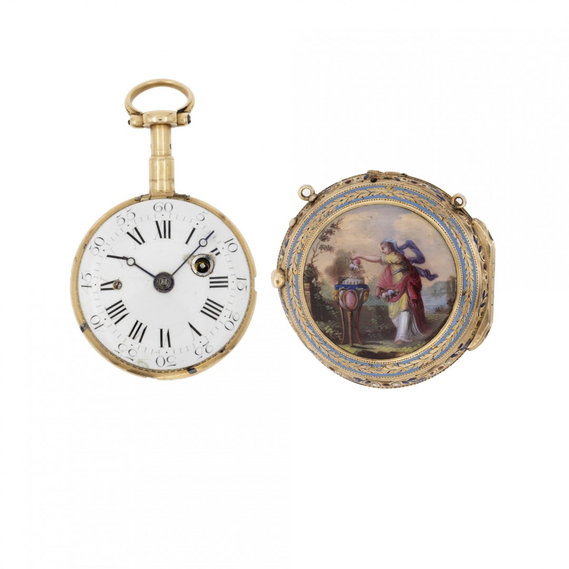 SMALL REPEATER MOVEMENT AND ENAMELED CASEBACK, CIRCA 1780