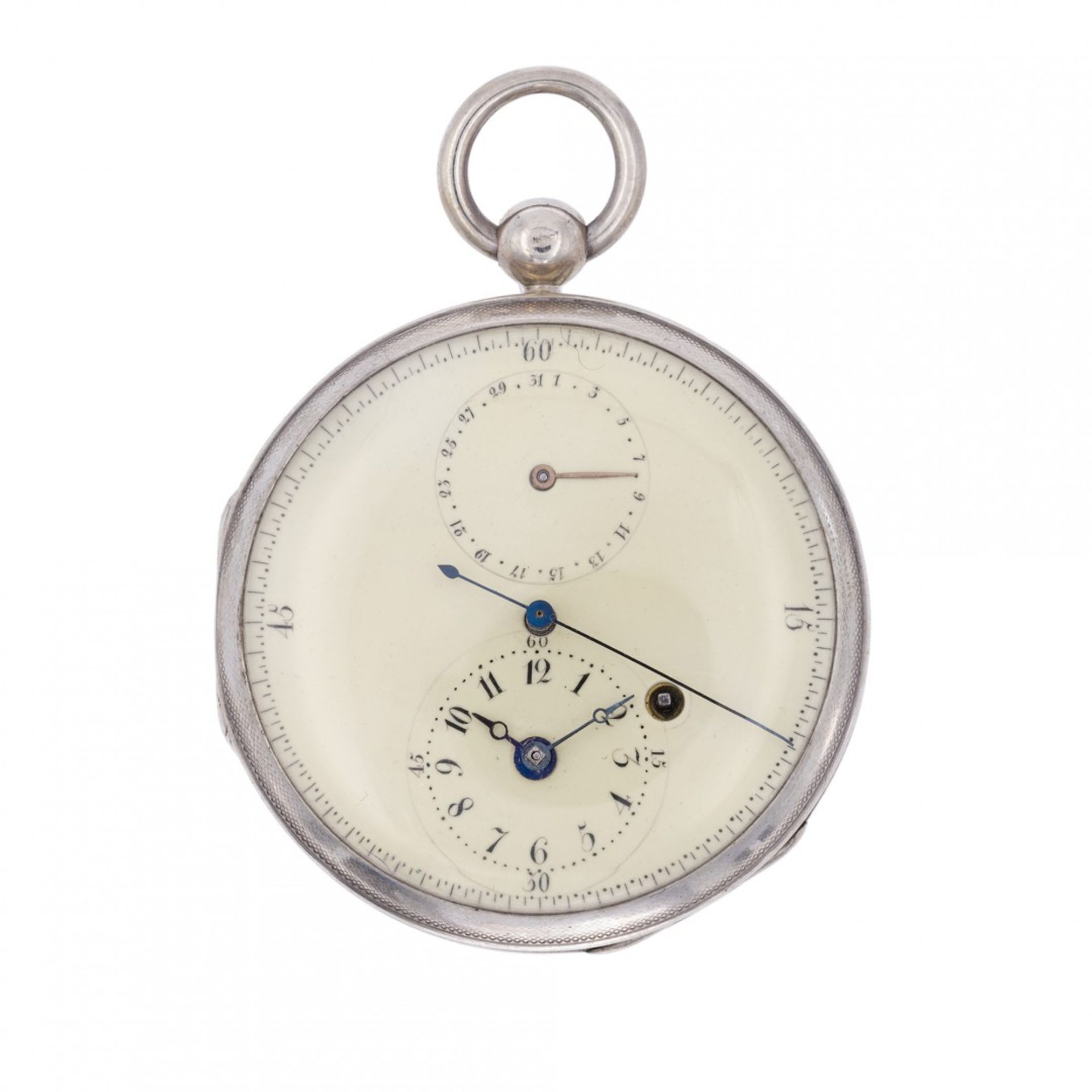 SILVER WATCH WITH CENTERED SECONDS AND CALENDAR, CIRCA 1850