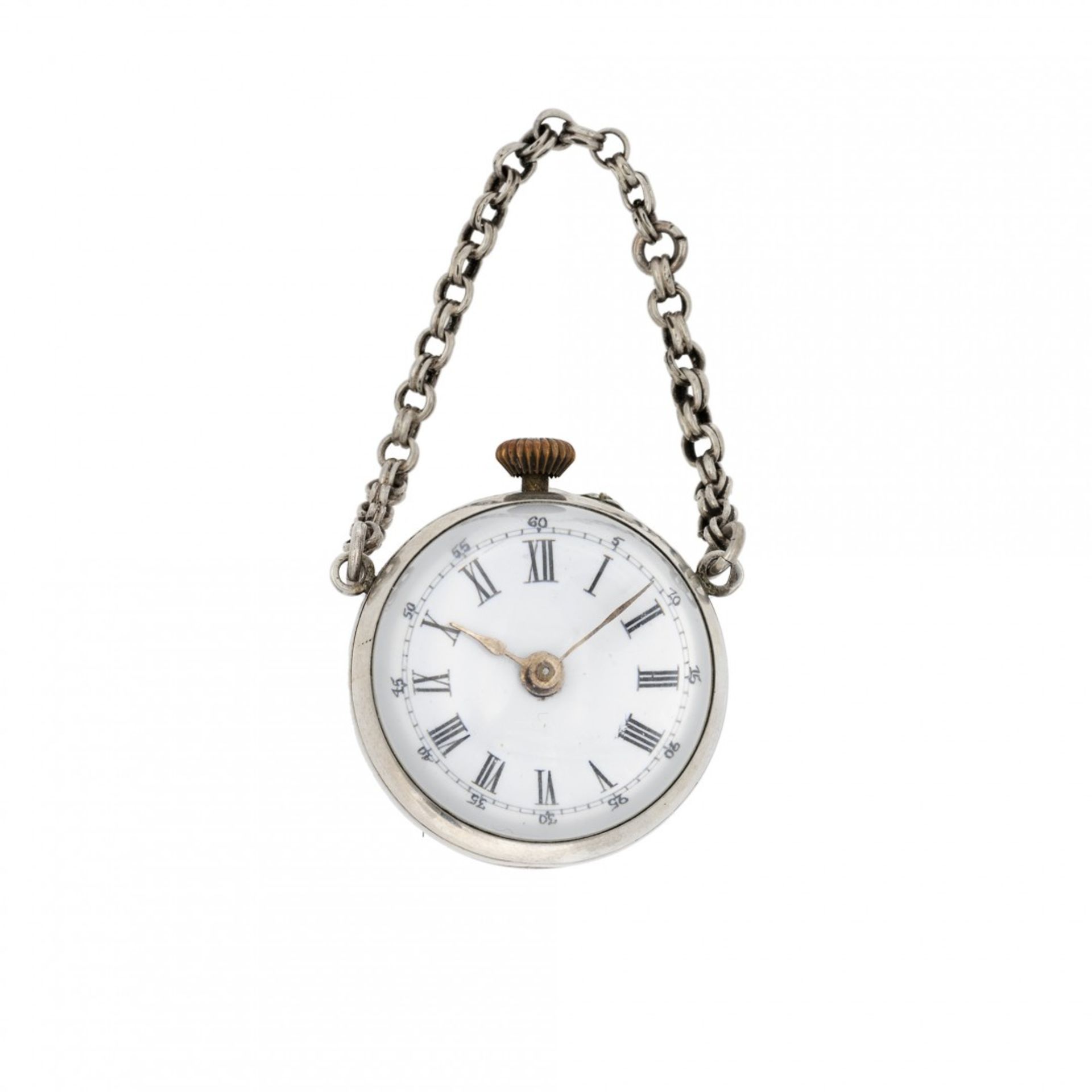 SILVER SPHERICAL WATCH WITH CHAIN, CIRCA 1920