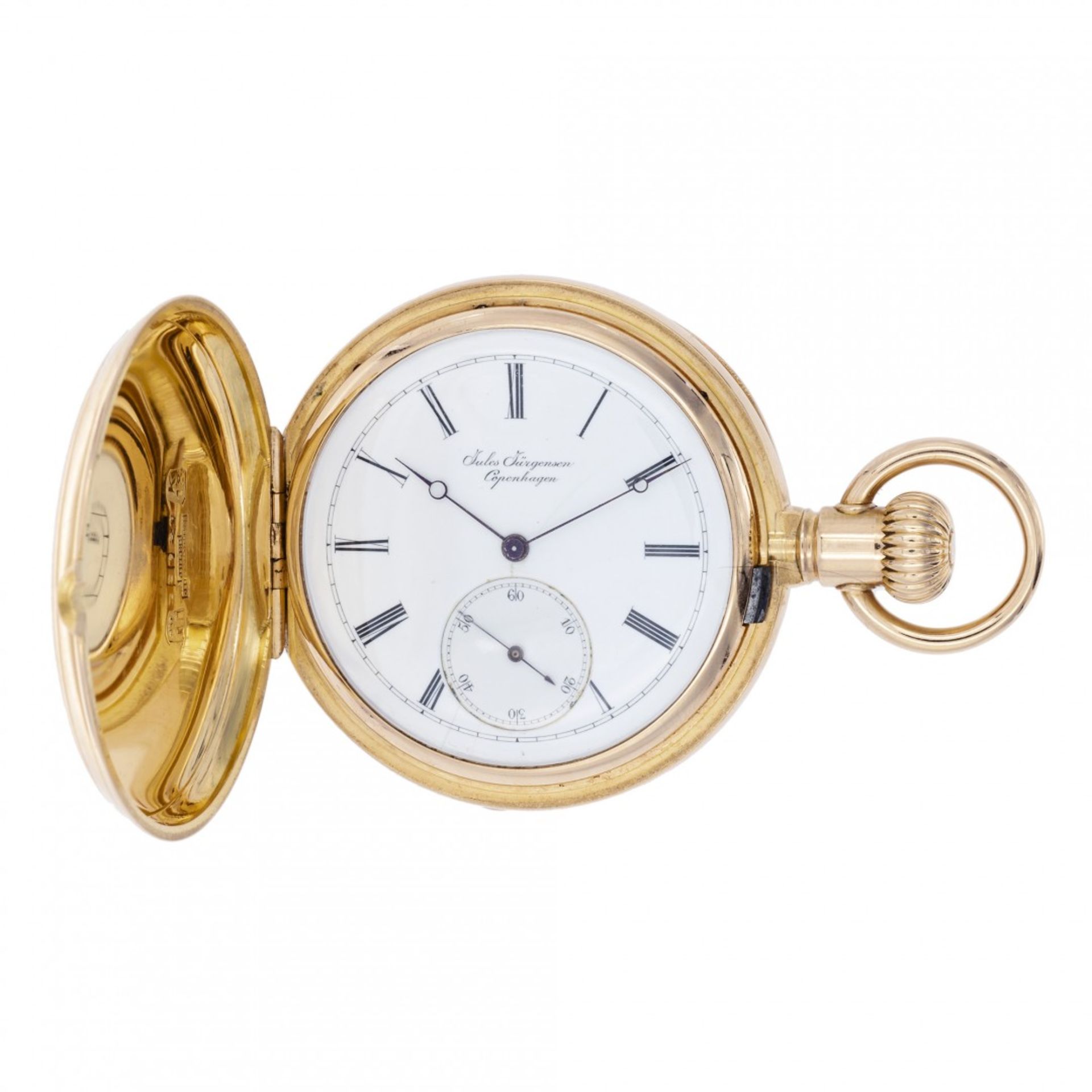 RARE GOLD HUNTER CASE JULES JÜRGENSEN WITH PATENT FOR TIME-SETTING, CIRCA 1880