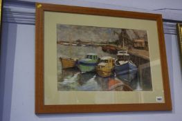 H. G. Wood, gouache, signed, 'Boats at the harbour side', 30 x 46cms