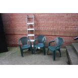 Three patio chairs and alloy steps