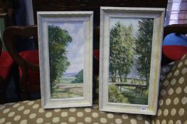 Ken Johnson, pair of oils on board, signed, 'Landscapes', 44 x 19cms