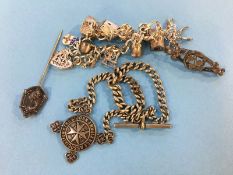 A silver charm bracelet, badges etc.