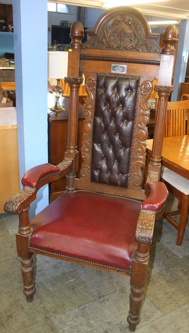 A large Masonic Lodge heavily carved armchair, Hedworth Masonic Lodge of Freemasons