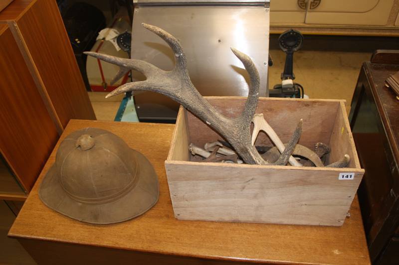 Pith helmet stamped Almead & Smith and antlers