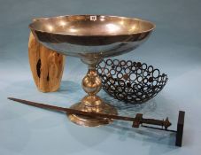 A large silver coloured pedestal bowl, a wood vase, mounted sword and an oval bowl (4)