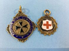 Two 9ct gold enamelled badges, 15.3 grams