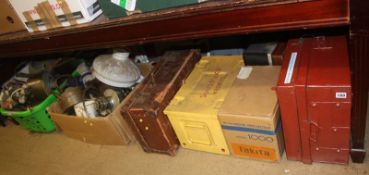 Two boxes of assorted, suitcase, tin boxes etc.