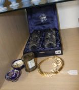 Four Stuart tumblers, carriage clock etc.