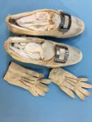 A pair of Antique silk shoes and a pair of Child's gloves
