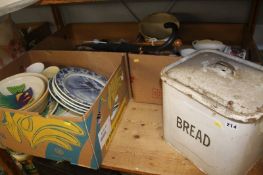 Three boxes of assorted china and an enamel bread bin