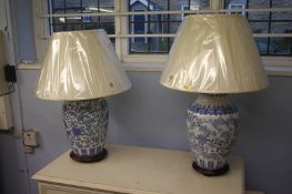 Pair of large blue and white table lamps