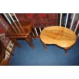 Walnut nest of tables and a walnut kidney shape table
