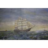 Oil of a three masted ship, unsigned