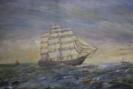 Oil of a three masted ship, unsigned
