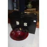 A metal deeds box and a cranberry coloured glass bowl (2)