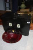 A metal deeds box and a cranberry coloured glass bowl (2)