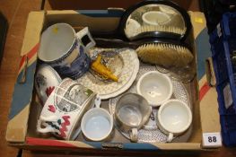 Box of Victorian china, containing Sunderland eel jar etc.