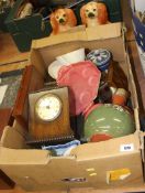 Pair of Staffordshire dogs, oak clock etc.