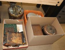 Three boxes of assorted and a brass bound bucket