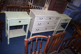 Green chest of drawers with a pair of green bedside drawers