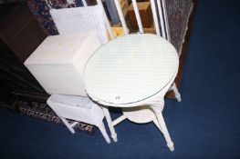 Lloyd Loom circular table, chair etc.