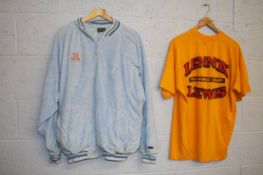 Collection of Lennox Lewis training clothing, including a velour tracksuit and a t-shirt