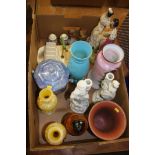 A box of decorative glass and china, vases etc.
