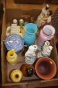 A box of decorative glass and china, vases etc.