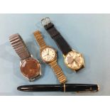 Two gents wristwatches and a Parker 14ct ink pen and a gold gents watch