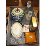 A box of miscellaneous, to include ginger jar, decanters etc.